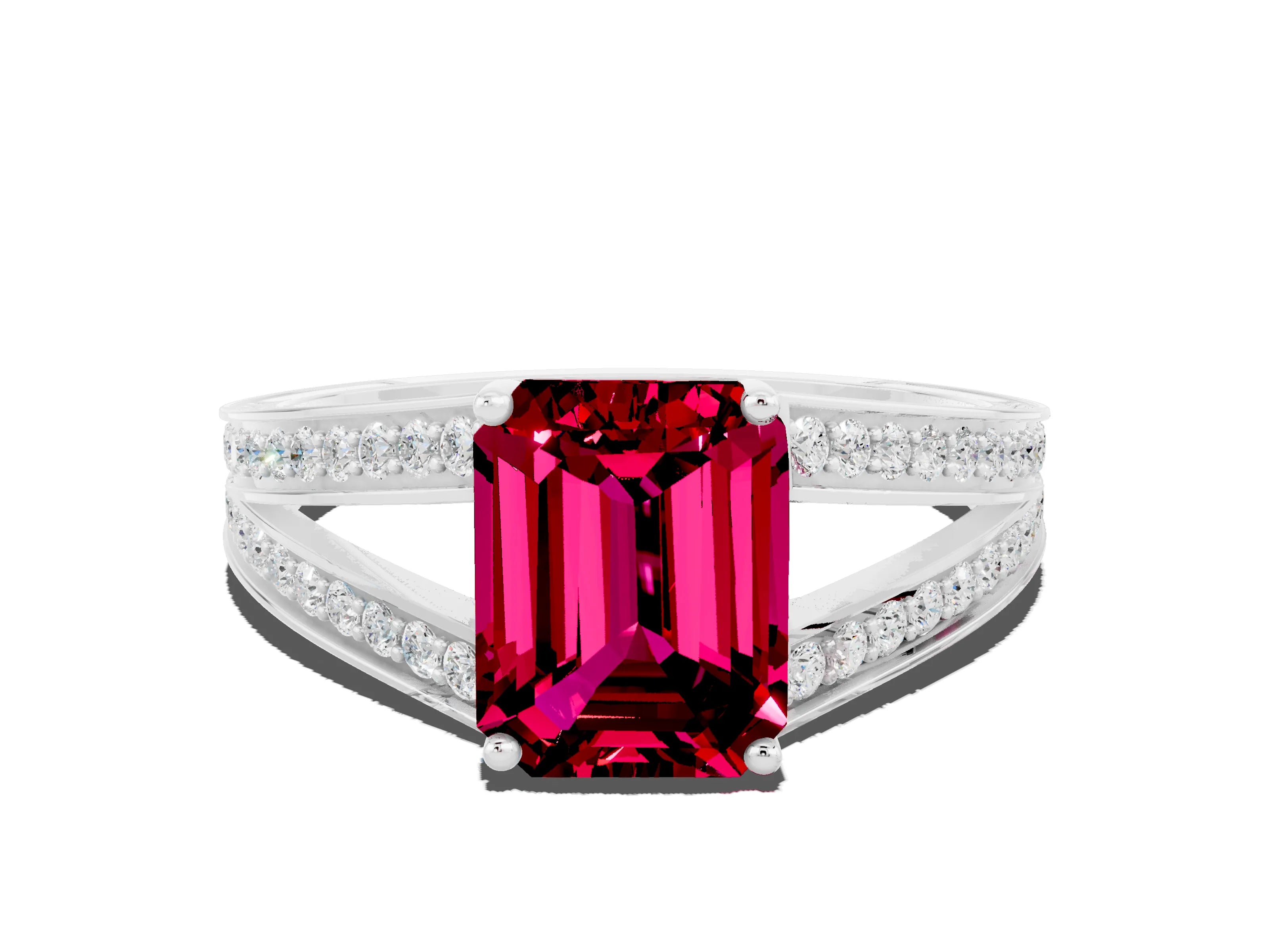 White gold Emerald Cut Garnet Split Shank Ring with Pavé Band and Four-Prong Setting