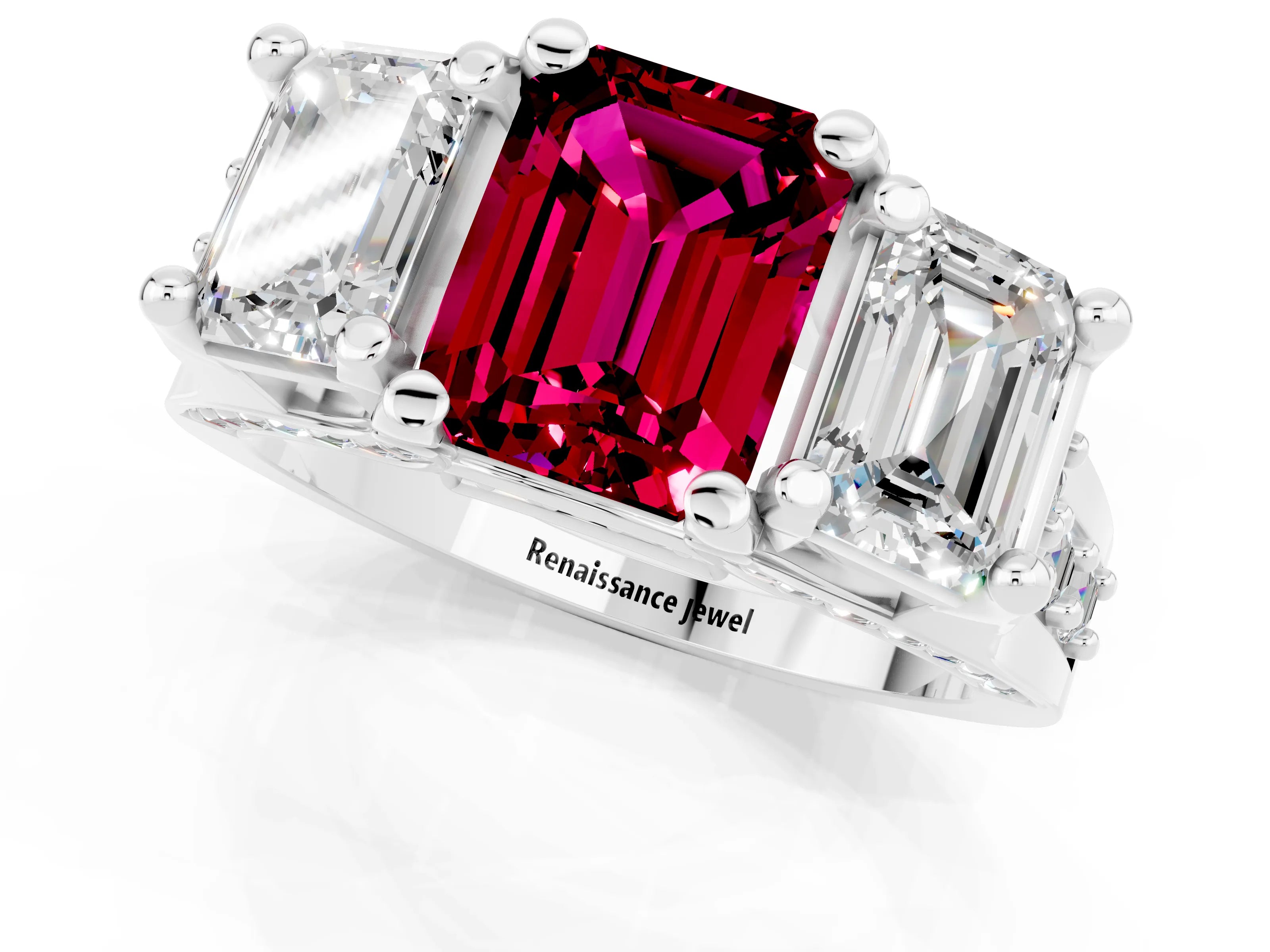 White gold Emerald Cut Garnet Three-Stone Ring with Channel Set Band and Four-Prong Setting_1