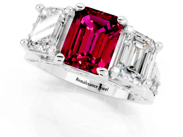 White gold Emerald Cut Garnet Three-Stone Ring with Channel Set Band and Four-Prong Setting