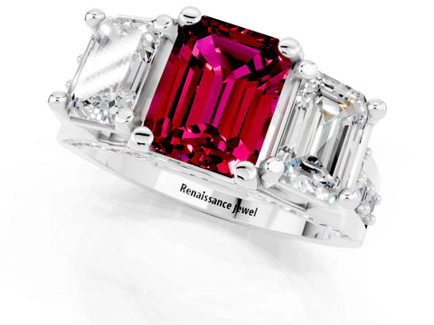 White gold Emerald Cut Garnet Three-Stone Ring with Channel Set Band and Four-Prong Setting_1