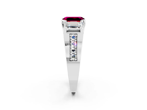 White gold Emerald Cut Garnet Three-Stone Ring with Channel Set Band and Four-Prong Setting