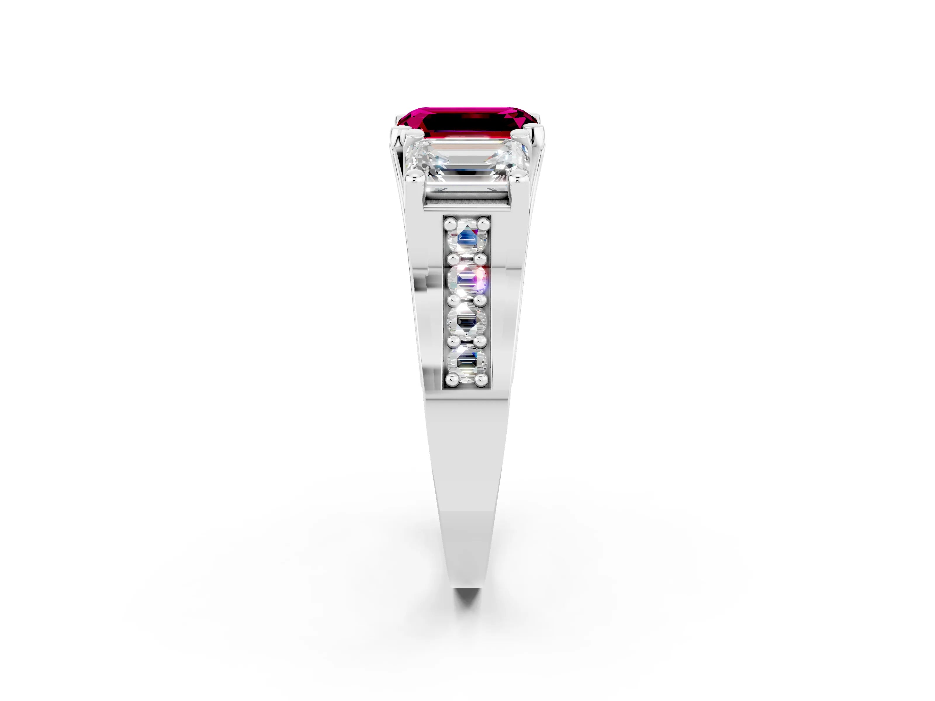 White gold Emerald Cut Garnet Three-Stone Ring with Channel Set Band and Four-Prong Setting_2