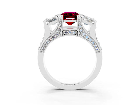 White gold Emerald Cut Garnet Three-Stone Ring with Channel Set Band and Four-Prong Setting_3