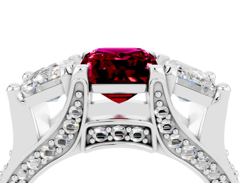 White gold Emerald Cut Garnet Three-Stone Ring with Channel Set Band and Four-Prong Setting_4