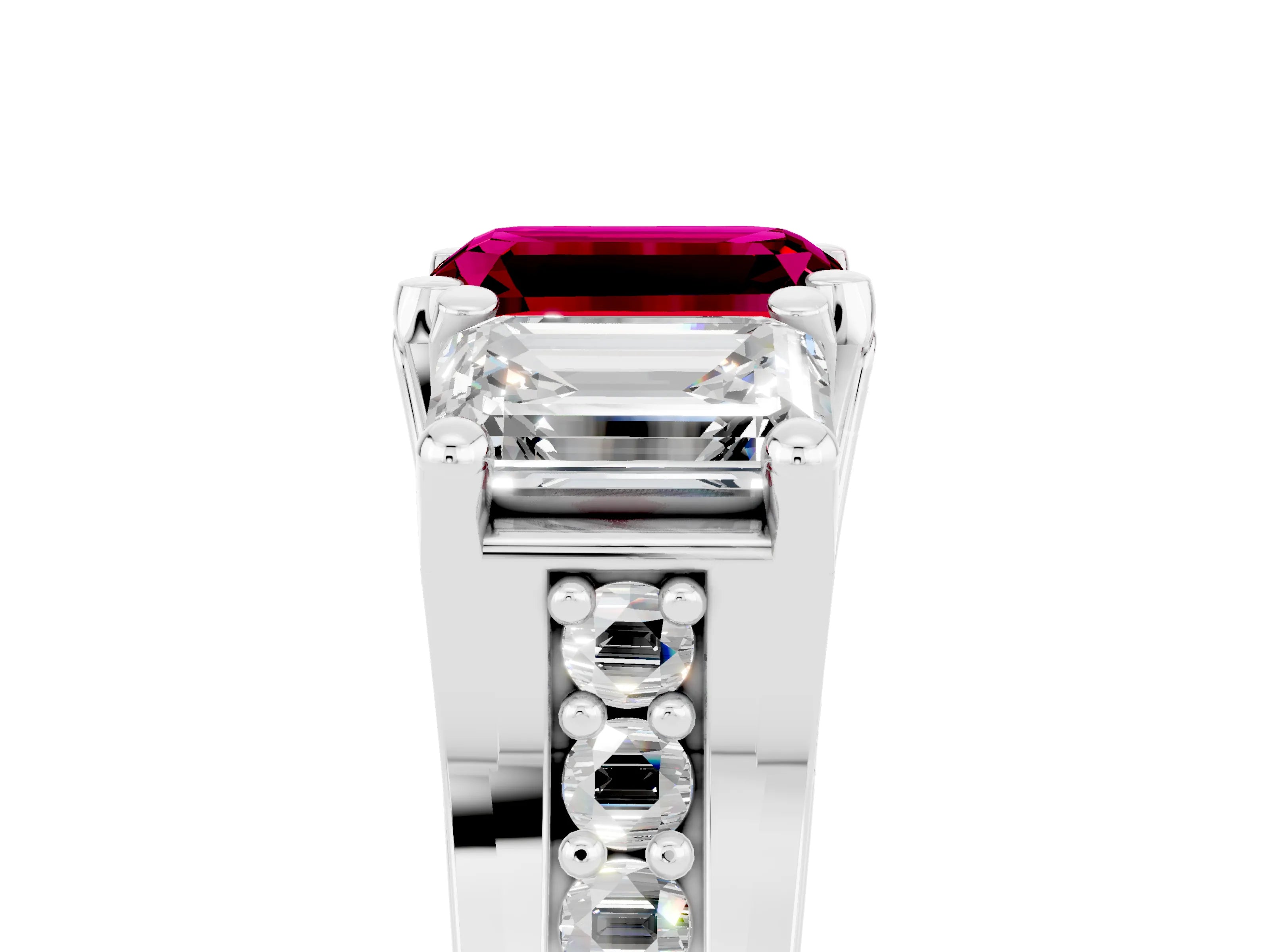 White gold Emerald Cut Garnet Three-Stone Ring with Channel Set Band and Four-Prong Setting_5