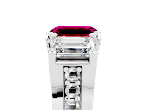 White gold Emerald Cut Garnet Three-Stone Ring with Channel Set Band and Four-Prong Setting_5