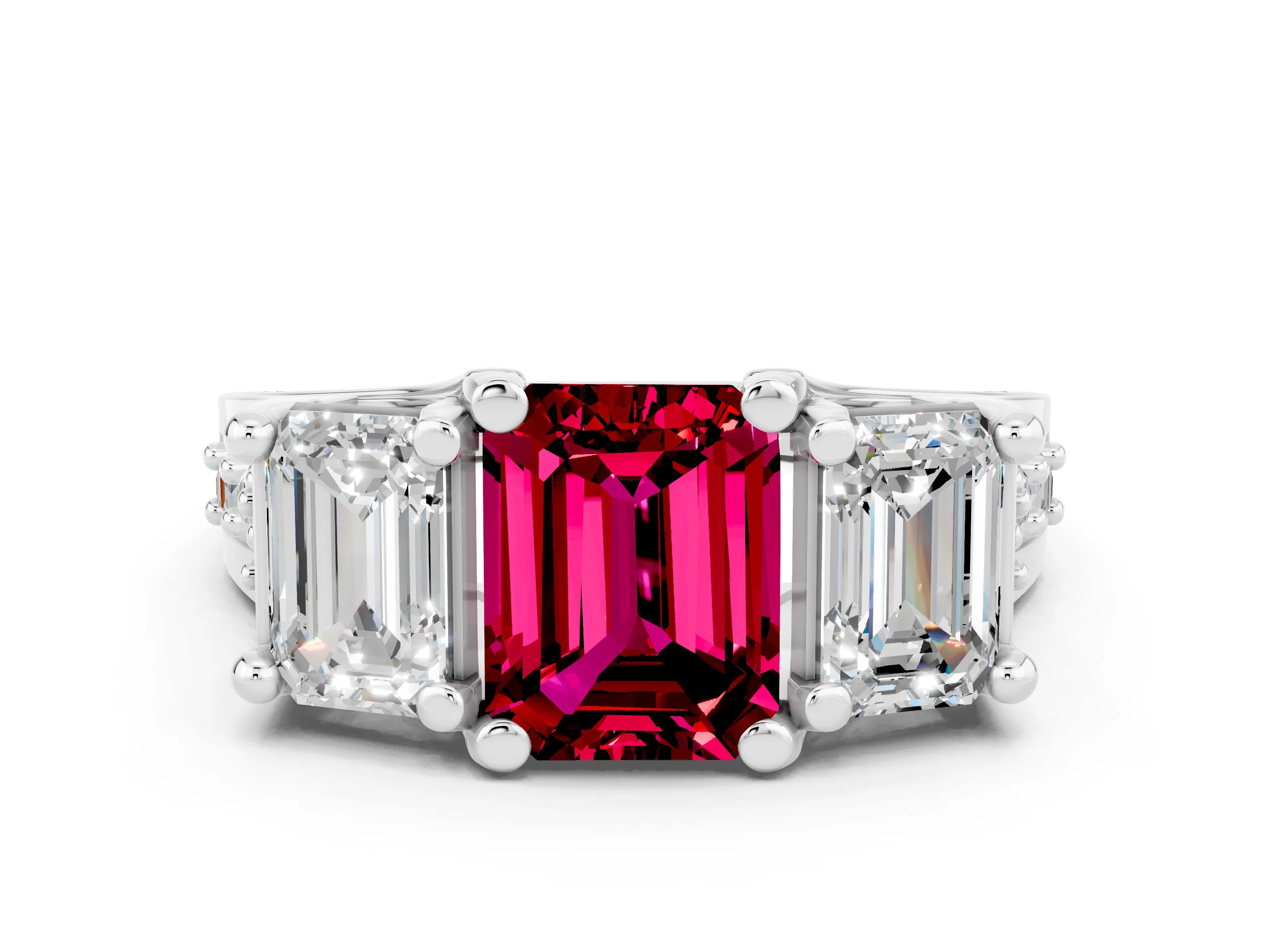 White gold Emerald Cut Garnet Three-Stone Ring with Channel Set Band and Four-Prong Setting