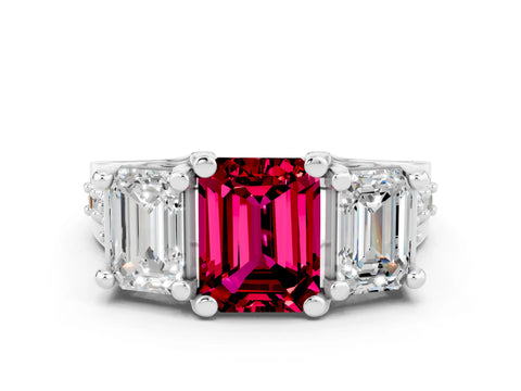 White gold Emerald Cut Garnet Three-Stone Ring with Channel Set Band and Four-Prong Setting