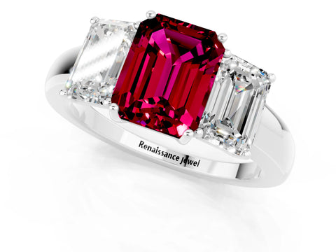 White gold Emerald Cut Garnet Three-Stone Ring with Four-Prong Setting and Classic Band_1