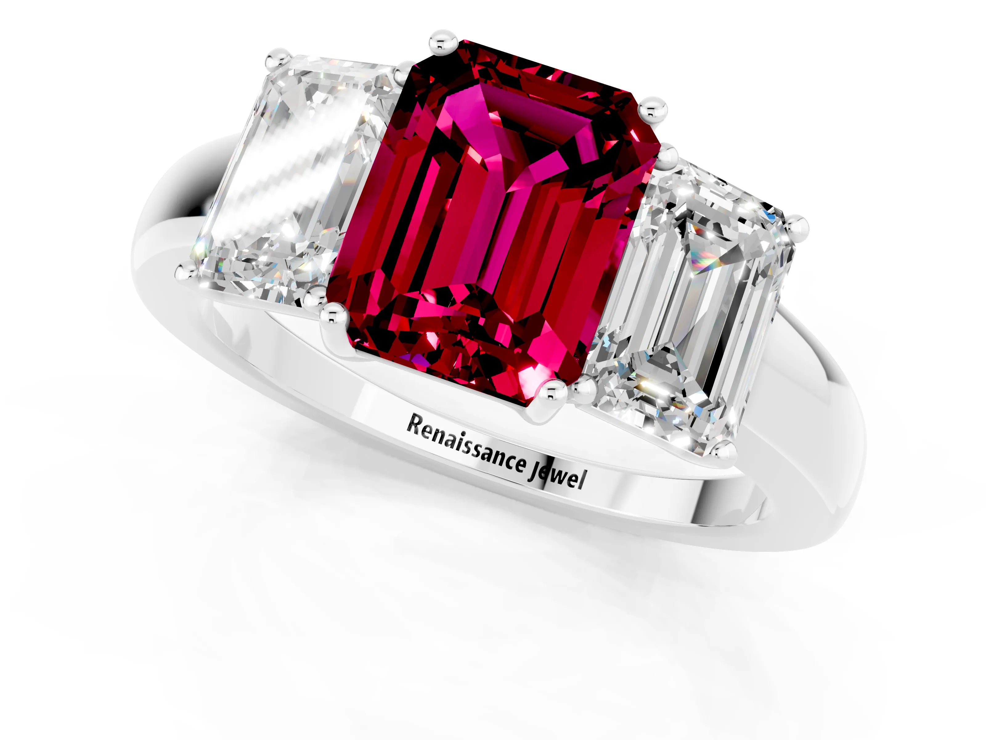 White gold Emerald Cut Garnet Three-Stone Ring with Four-Prong Setting and Classic Band_1