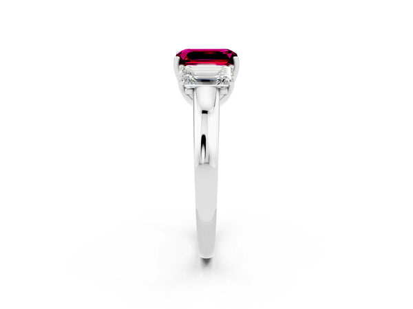 Silver Emerald Cut Garnet Three-Stone Ring with Four-Prong Setting and Classic Band