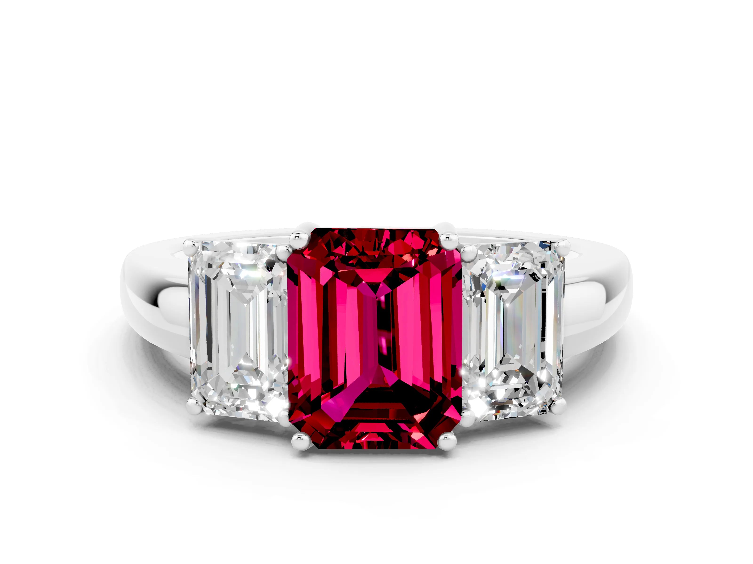 White gold Emerald Cut Garnet Three-Stone Ring with Four-Prong Setting and Classic Band