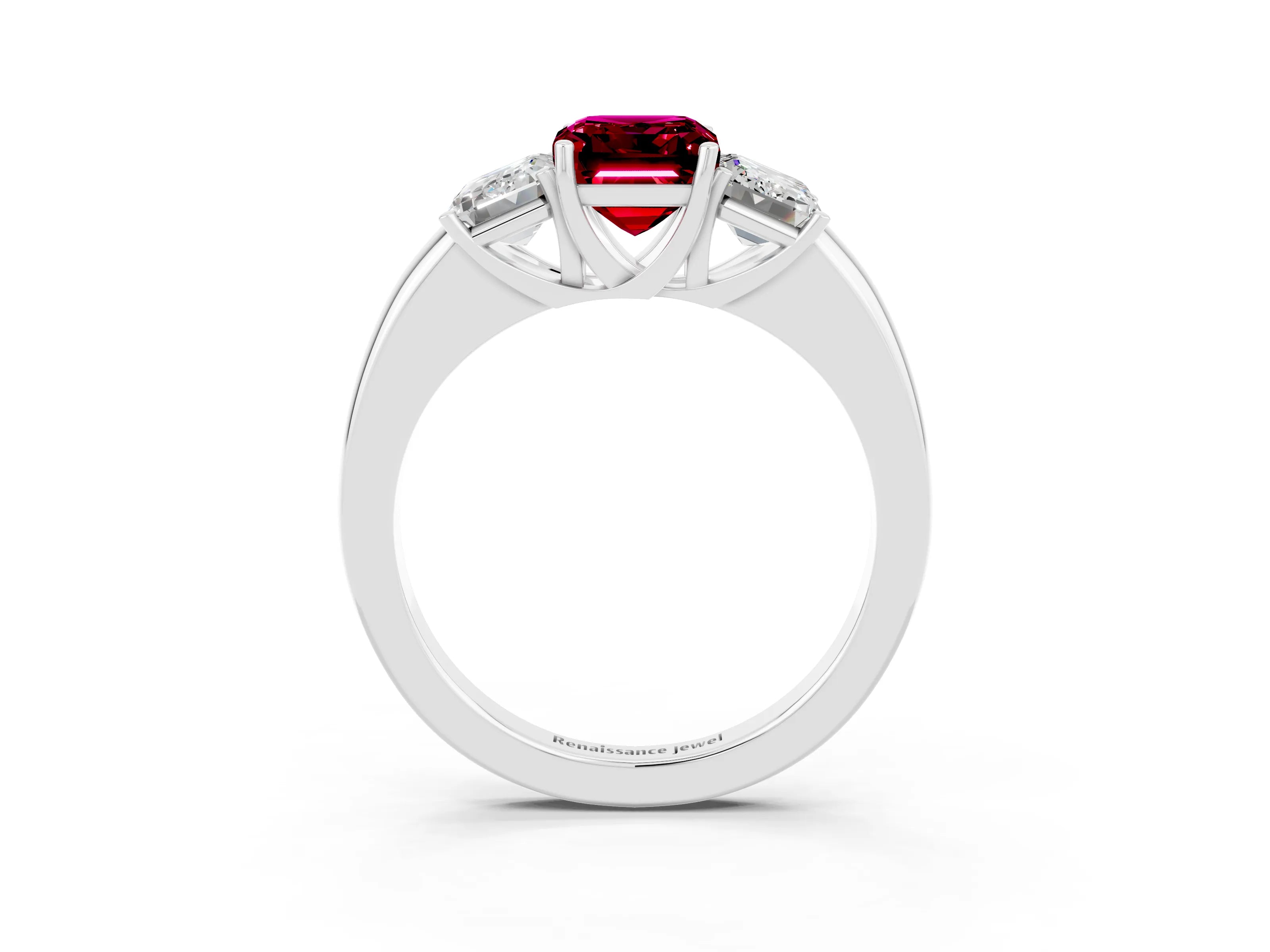 White gold Emerald Cut Garnet Three-Stone Ring with Four-Prong Setting and Classic Band_3