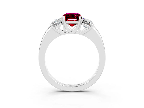 White gold Emerald Cut Garnet Three-Stone Ring with Four-Prong Setting and Classic Band