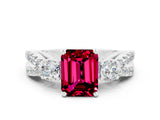 White gold Emerald Cut Garnet Three-Stone Ring with Pavé Split Shank and Four-Prong Setting