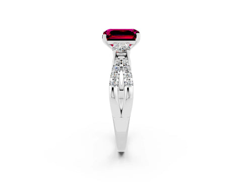 White gold Emerald Cut Garnet Three-Stone Ring with Pavé Split Shank and Four-Prong Setting_2