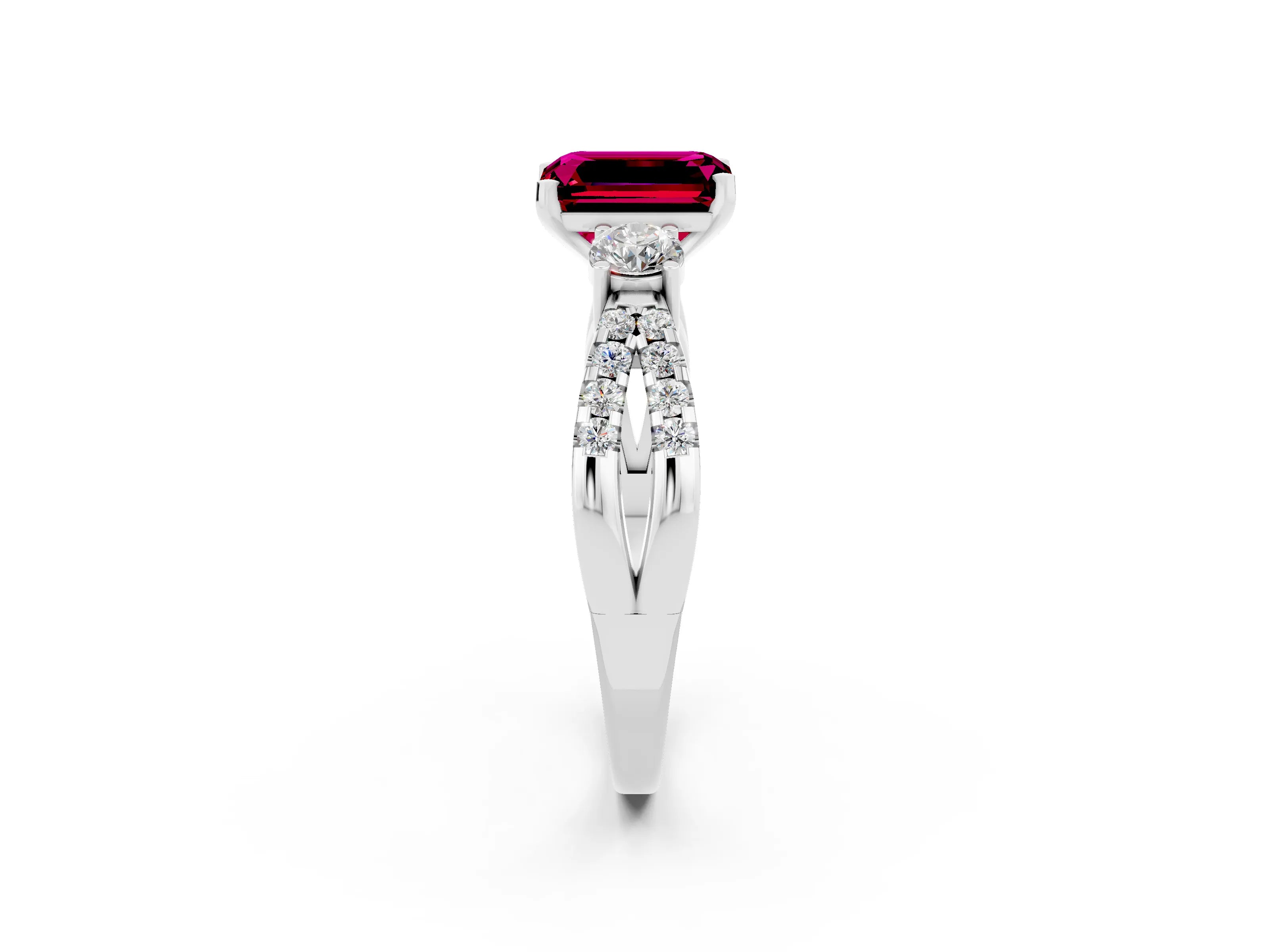 White gold Emerald Cut Garnet Three-Stone Ring with Pavé Split Shank and Four-Prong Setting_2