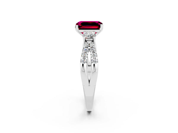 Silver Emerald Cut Garnet Three-Stone Ring with Pavé Split Shank and Four-Prong Setting