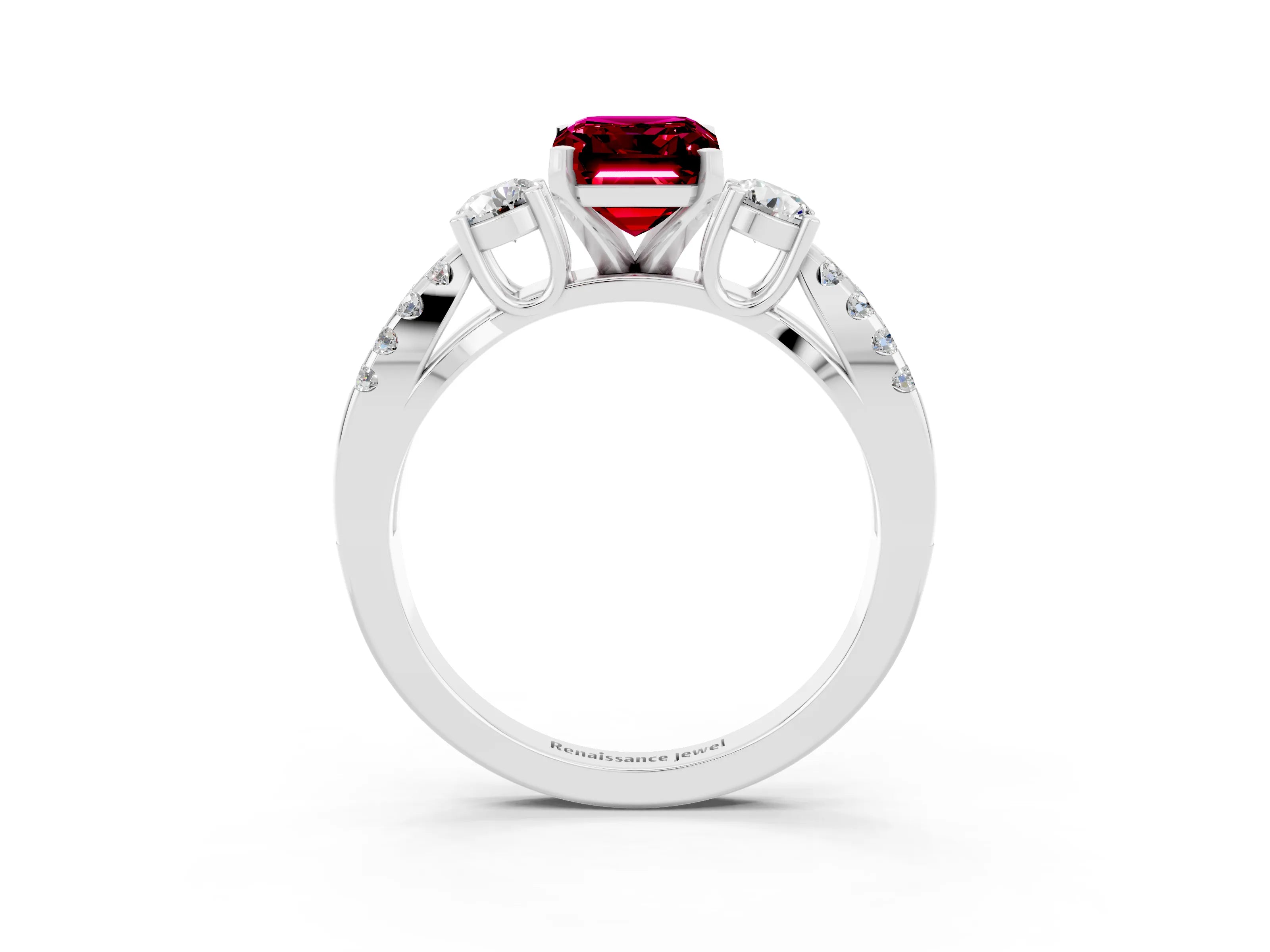 White gold Emerald Cut Garnet Three-Stone Ring with Pavé Split Shank and Four-Prong Setting_3