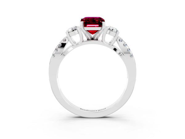 White gold Emerald Cut Garnet Three-Stone Ring with Pavé Split Shank and Four-Prong Setting
