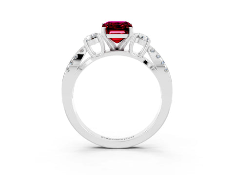 White gold Emerald Cut Garnet Three-Stone Ring with Pavé Split Shank and Four-Prong Setting_3