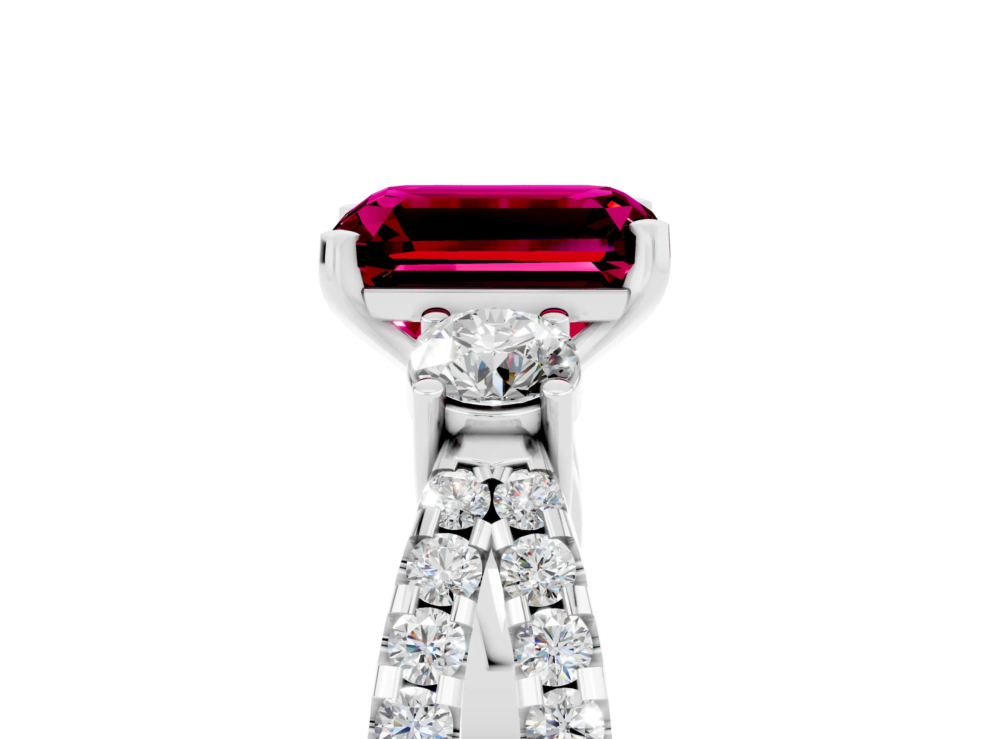 White gold Emerald Cut Garnet Three-Stone Ring with Pavé Split Shank and Four-Prong Setting_5