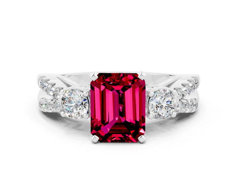 White gold Emerald Cut Garnet Three-Stone Ring with Pavé Split Shank and Four-Prong Setting