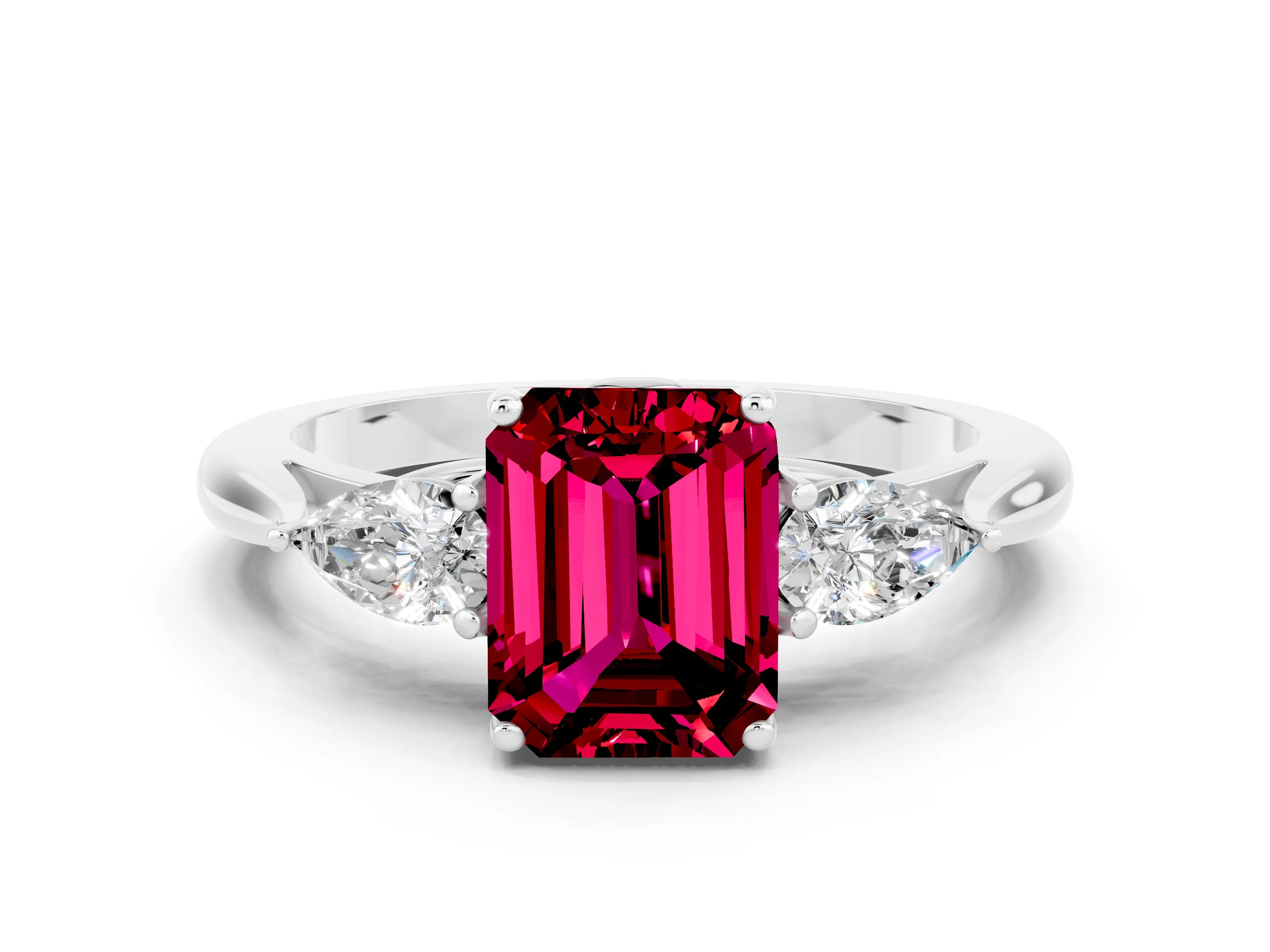 White gold Emerald Cut Garnet Three-Stone Ring with Pear Side Stones and Four-Prong Setting_12