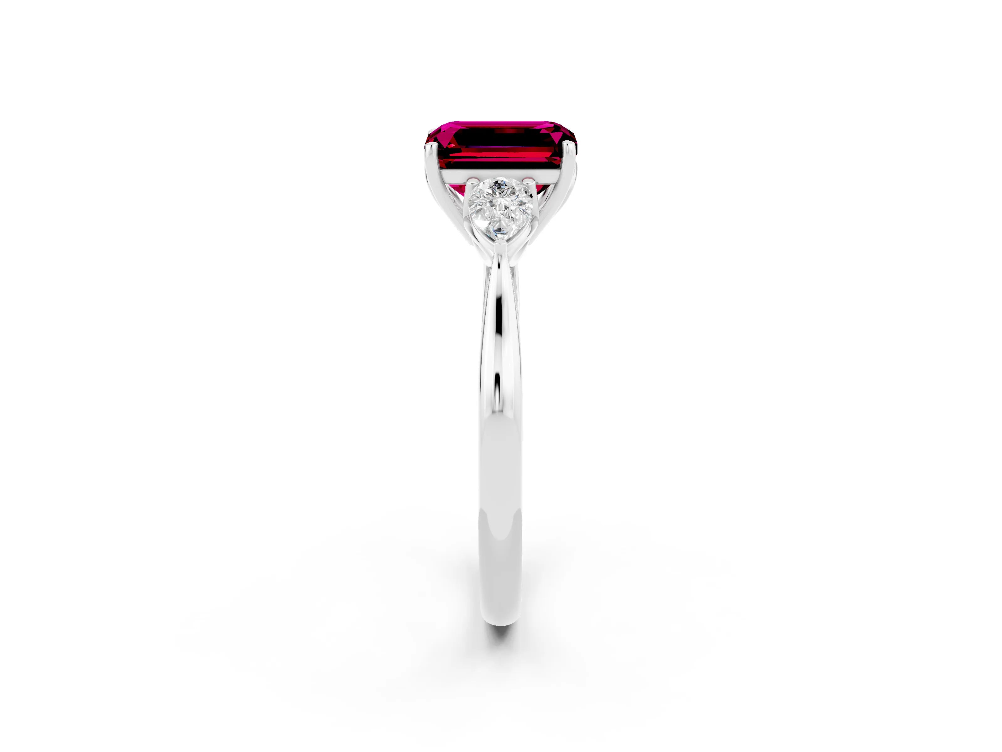 White gold Emerald Cut Garnet Three-Stone Ring with Pear Side Stones and Four-Prong Setting_14