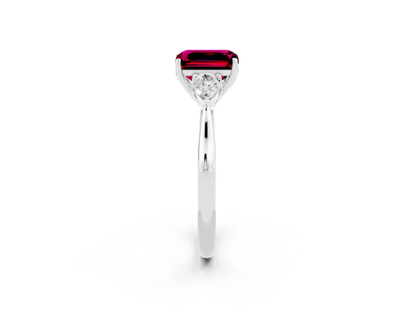 Platinum Emerald Cut Garnet Three-Stone Ring with Pear  Side Stones and Prong Setting