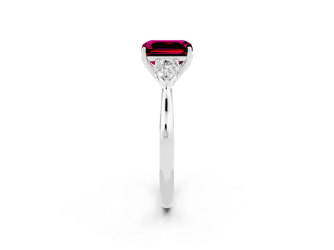 White gold Emerald Cut Garnet Three-Stone Ring with Pear Side Stones and Four-Prong Setting_14