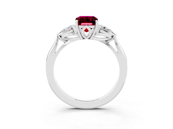 Platinum Emerald Cut Garnet Three-Stone Ring with Pear  Side Stones and Prong Setting