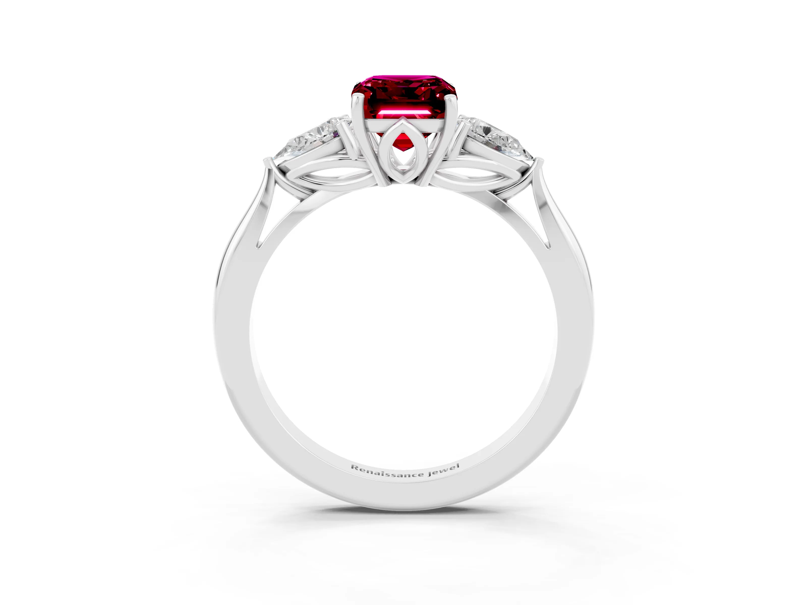 White gold Emerald Cut Garnet Three-Stone Ring with Pear Side Stones and Four-Prong Setting_15