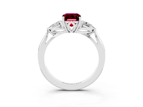 White gold Emerald Cut Garnet Three-Stone Ring with Pear Side Stones and Four-Prong Setting_15