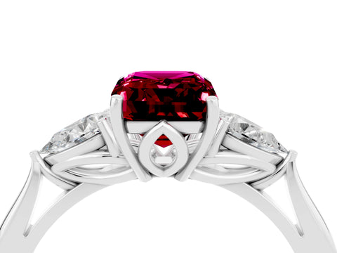 White gold Emerald Cut Garnet Three-Stone Ring with Pear Side Stones and Four-Prong Setting_16