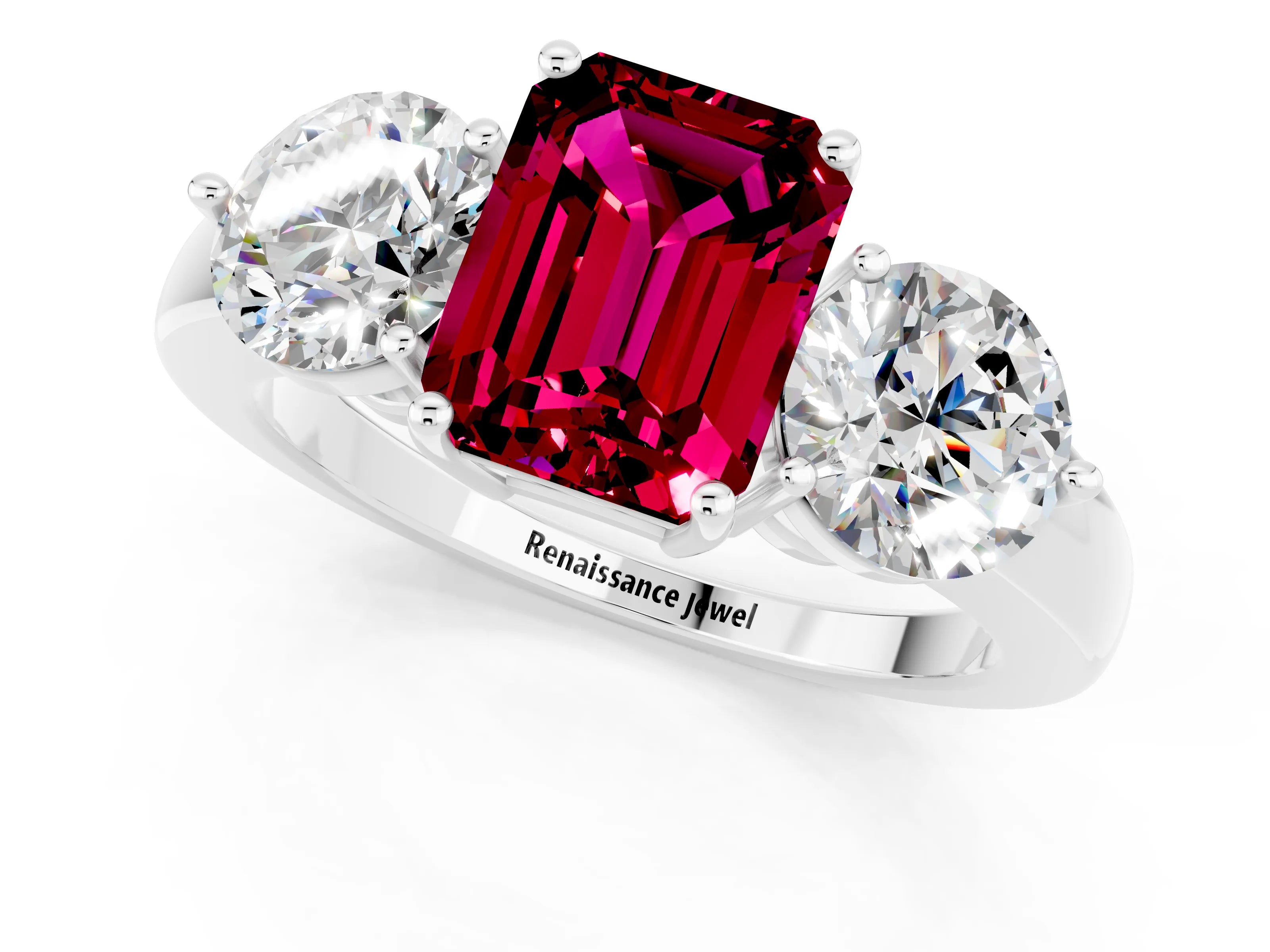 White gold Emerald Cut Garnet Three-Stone Ring with Prong Setting and Classic Band_1