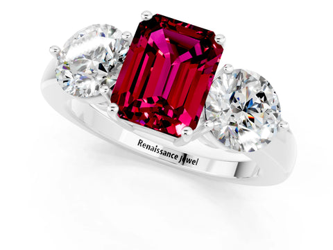 White gold Emerald Cut Garnet Three-Stone Ring with Prong Setting and Classic Band_1