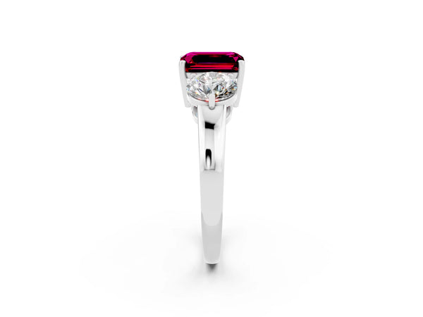 Platinum Emerald Cut Garnet Three-Stone Ring with Prong Setting and Classic Band