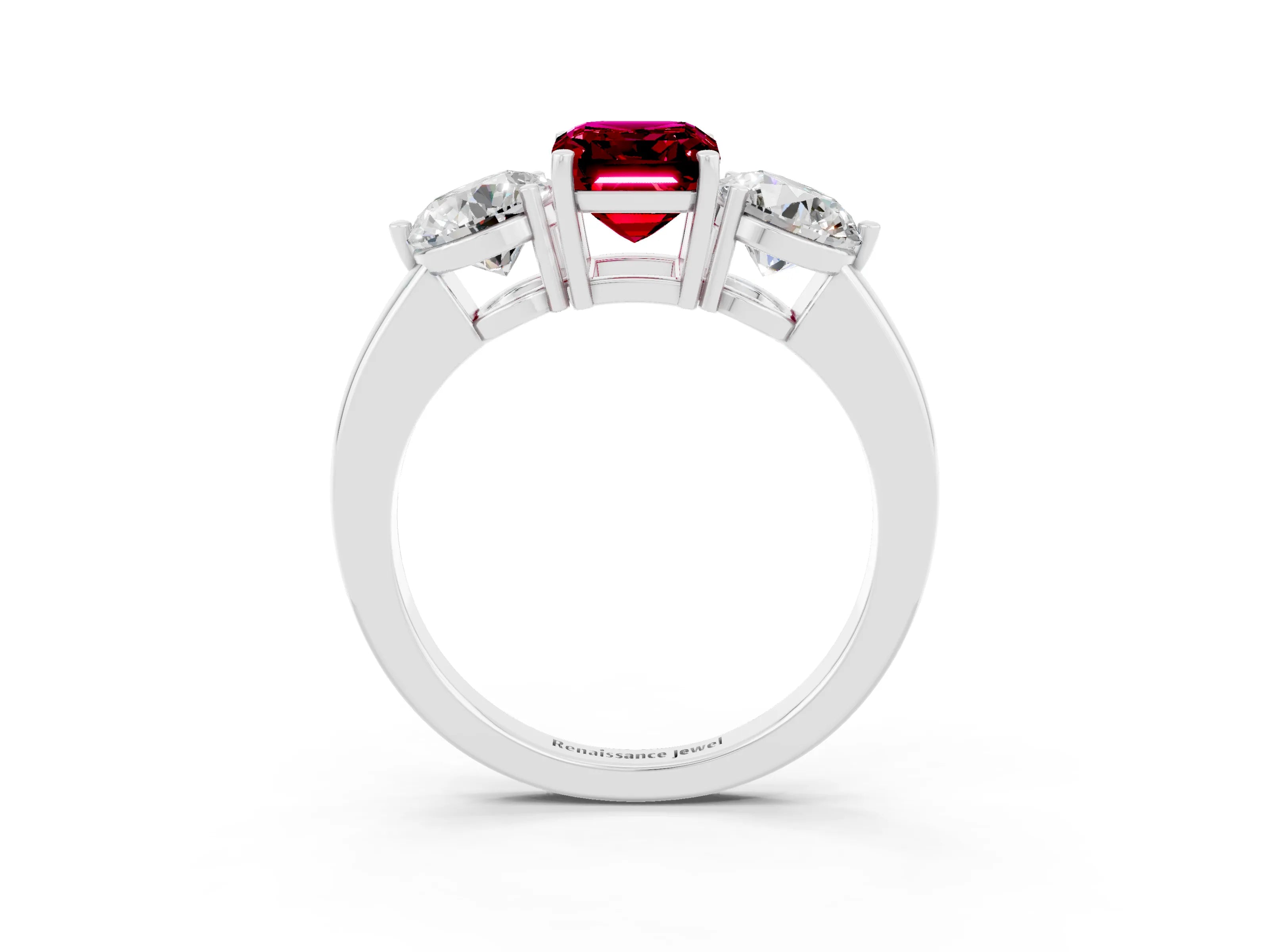 White gold Emerald Cut Garnet Three-Stone Ring with Prong Setting and Classic Band_3