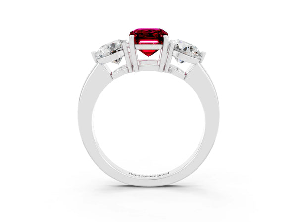 Platinum Emerald Cut Garnet Three-Stone Ring with Prong Setting and Classic Band