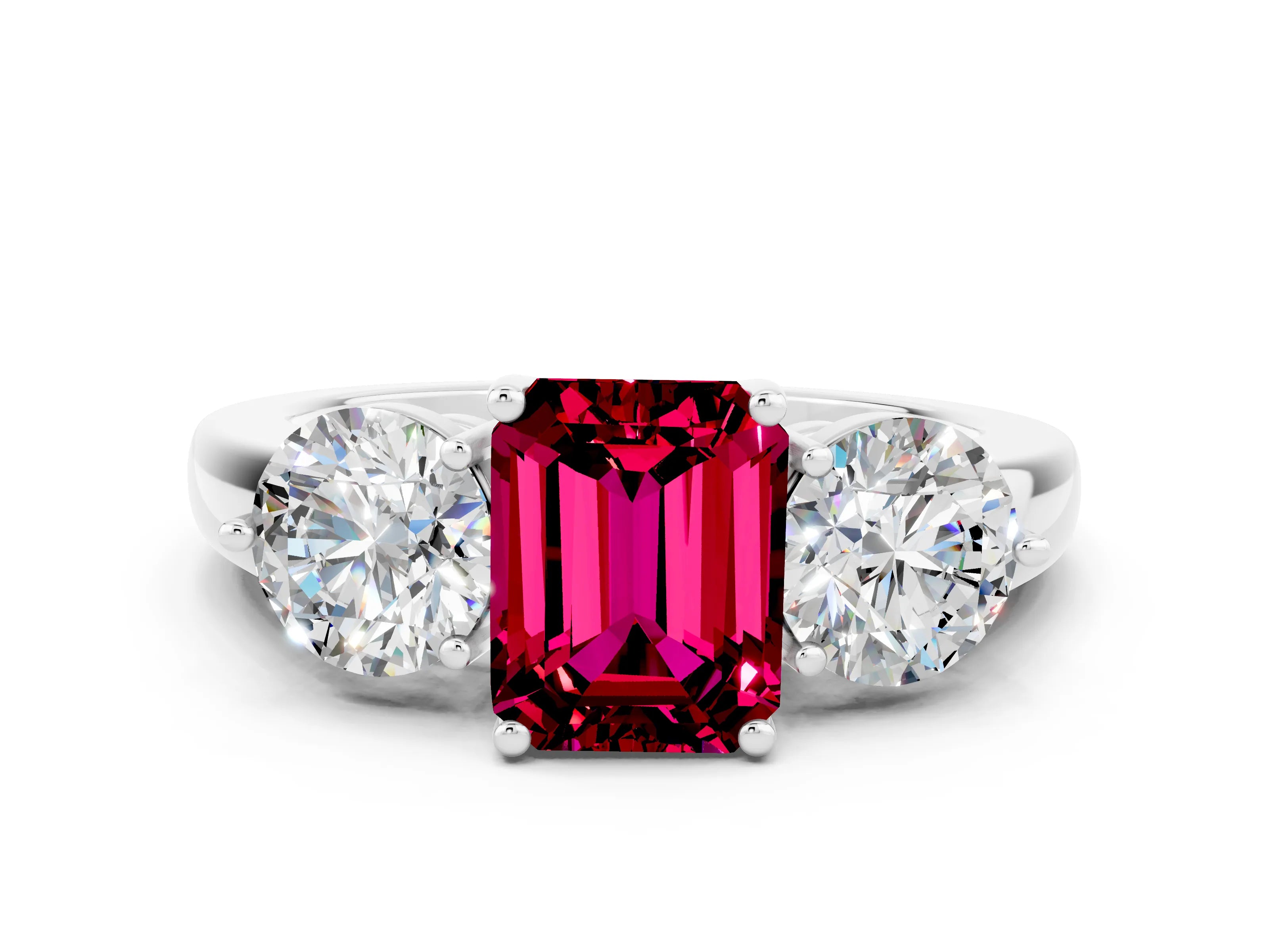 White gold Emerald Cut Garnet Three-Stone Ring with Prong Setting and Classic Band