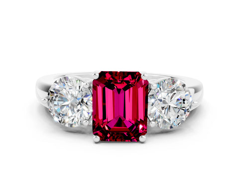 White gold Emerald Cut Garnet Three-Stone Ring with Prong Setting and Classic Band
