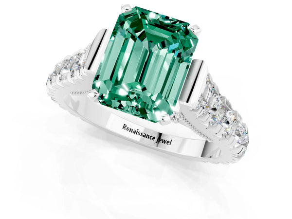 Platinum Emerald Cut Green Sapphire Classic Solitaire Ring with Pavé Band and Four-Prong Setting