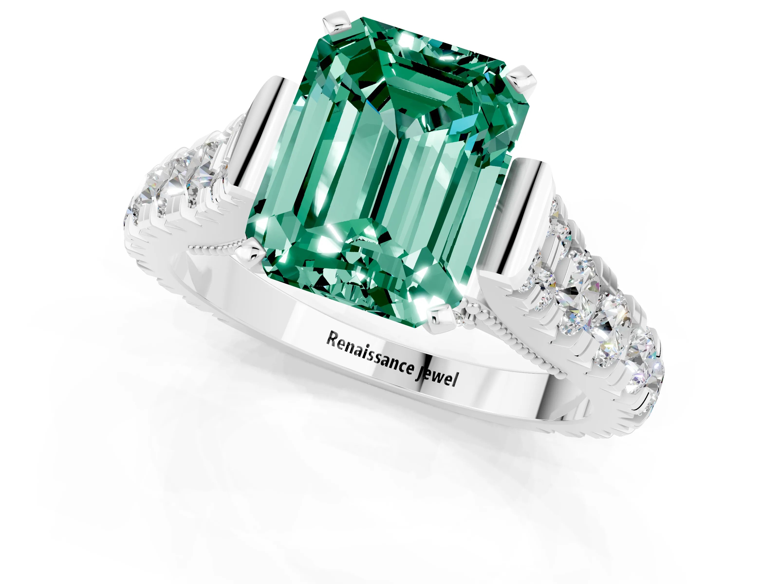 White gold Emerald Cut Green Sapphire Classic Solitaire Ring with Pavé Band and Four-Prong Setting_1
