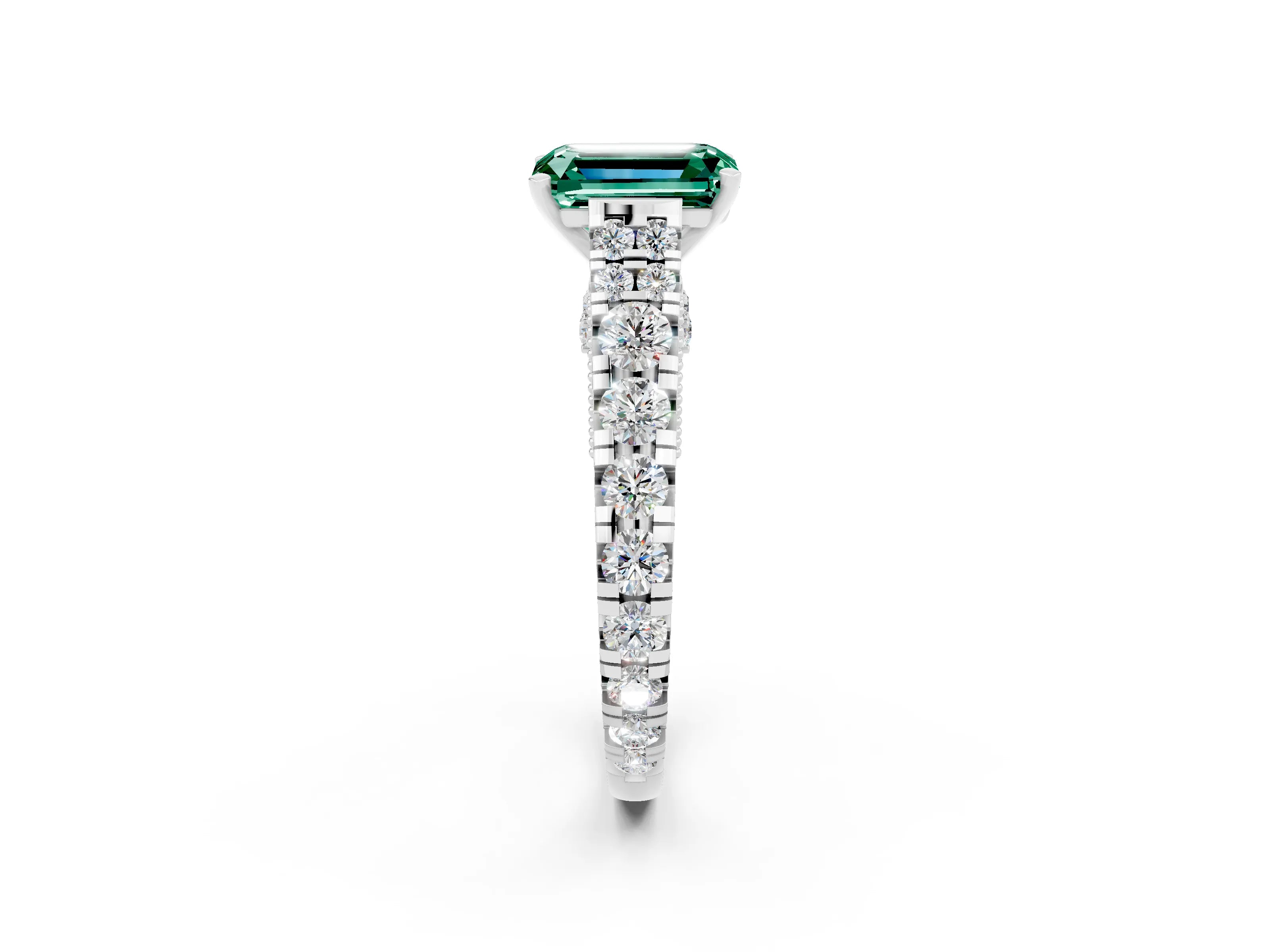 White gold Emerald Cut Green Sapphire Classic Solitaire Ring with Pavé Band and Four-Prong Setting_2