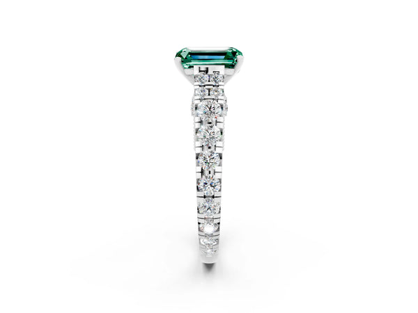 Silver Emerald Cut Green Sapphire Classic Solitaire Ring with Pavé Band and Four-Prong Setting
