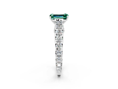 White gold Emerald Cut Green Sapphire Classic Solitaire Ring with Pavé Band and Four-Prong Setting_2