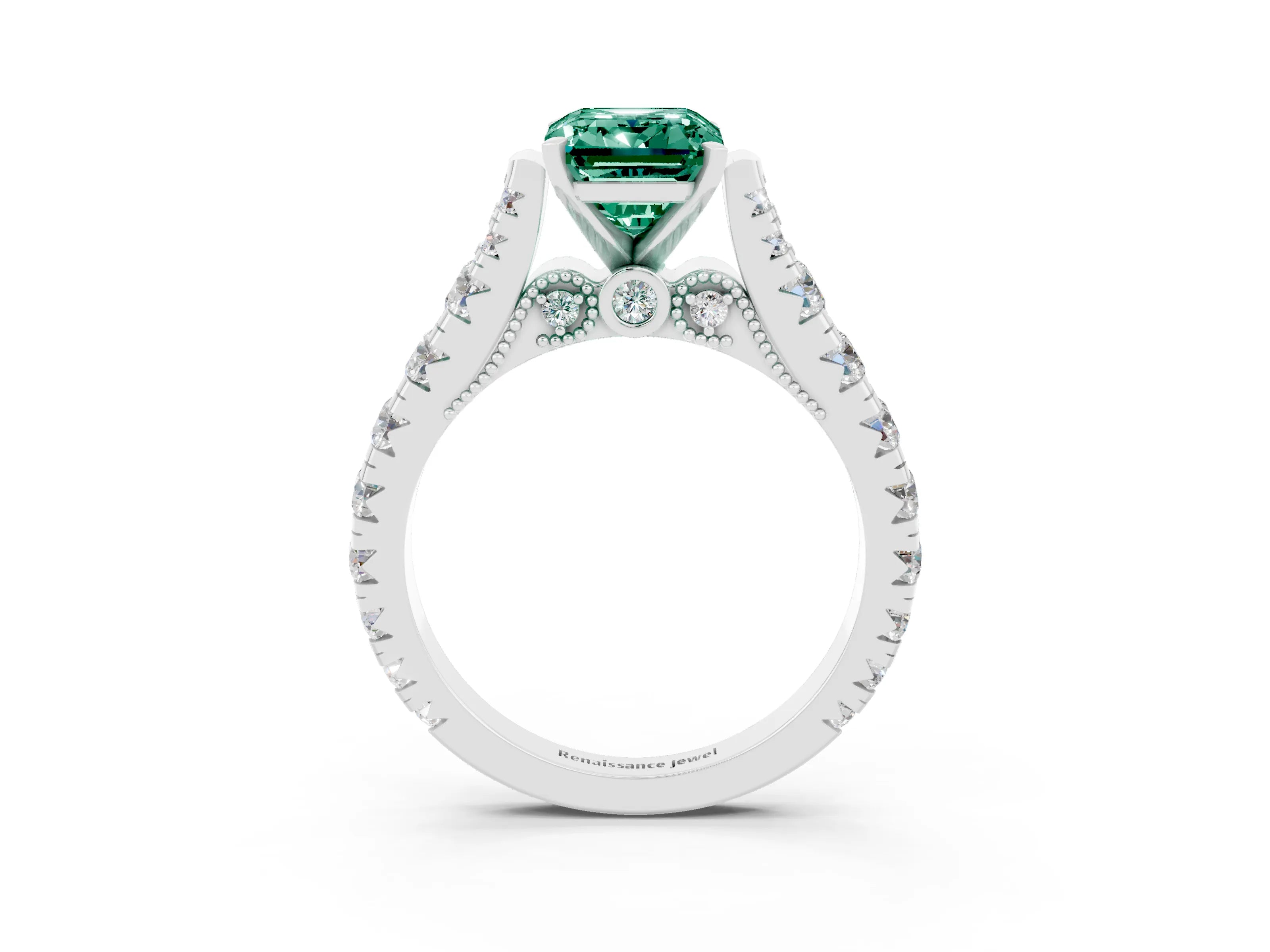 White gold Emerald Cut Green Sapphire Classic Solitaire Ring with Pavé Band and Four-Prong Setting_3