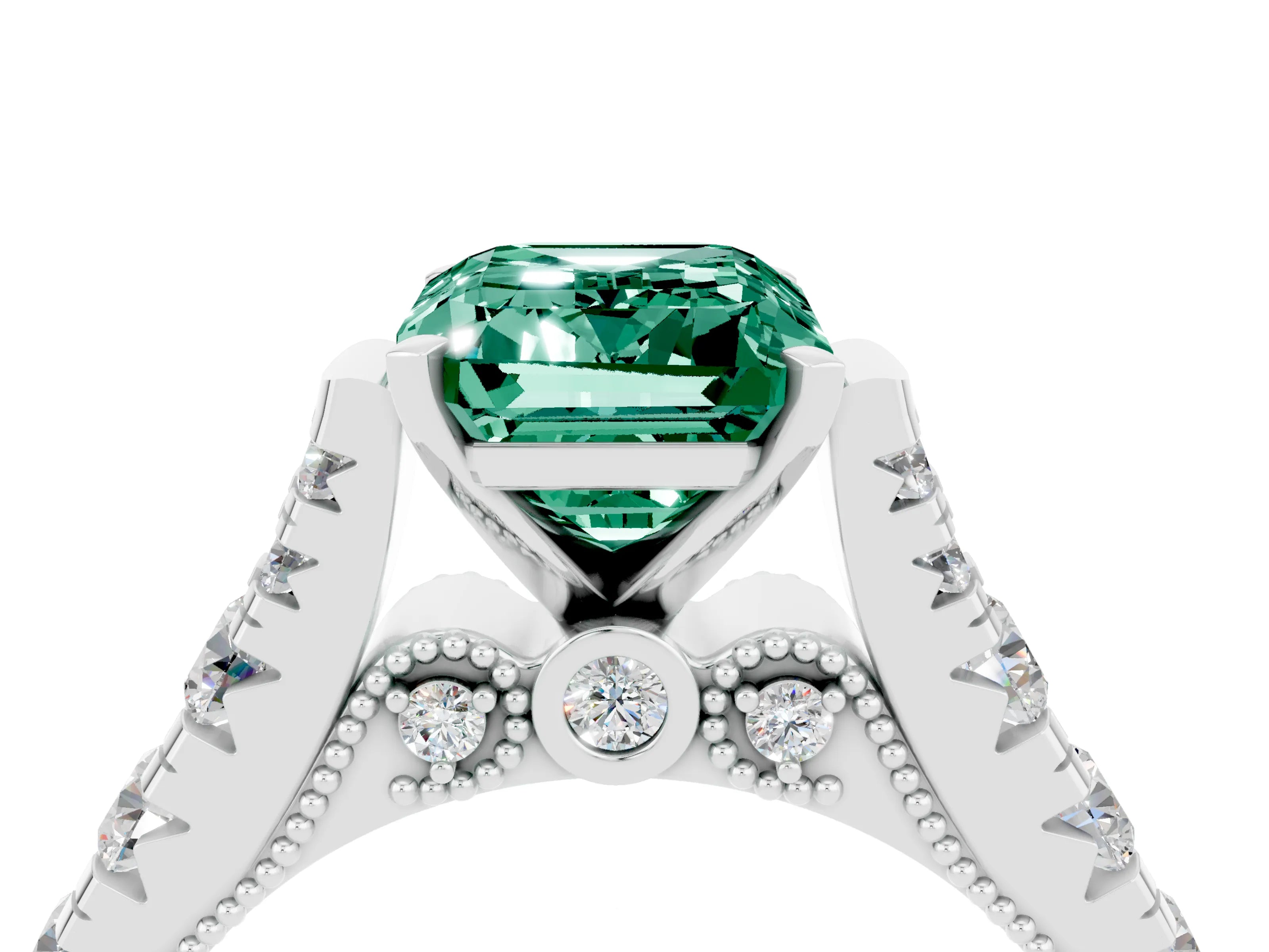 White gold Emerald Cut Green Sapphire Classic Solitaire Ring with Pavé Band and Four-Prong Setting_4