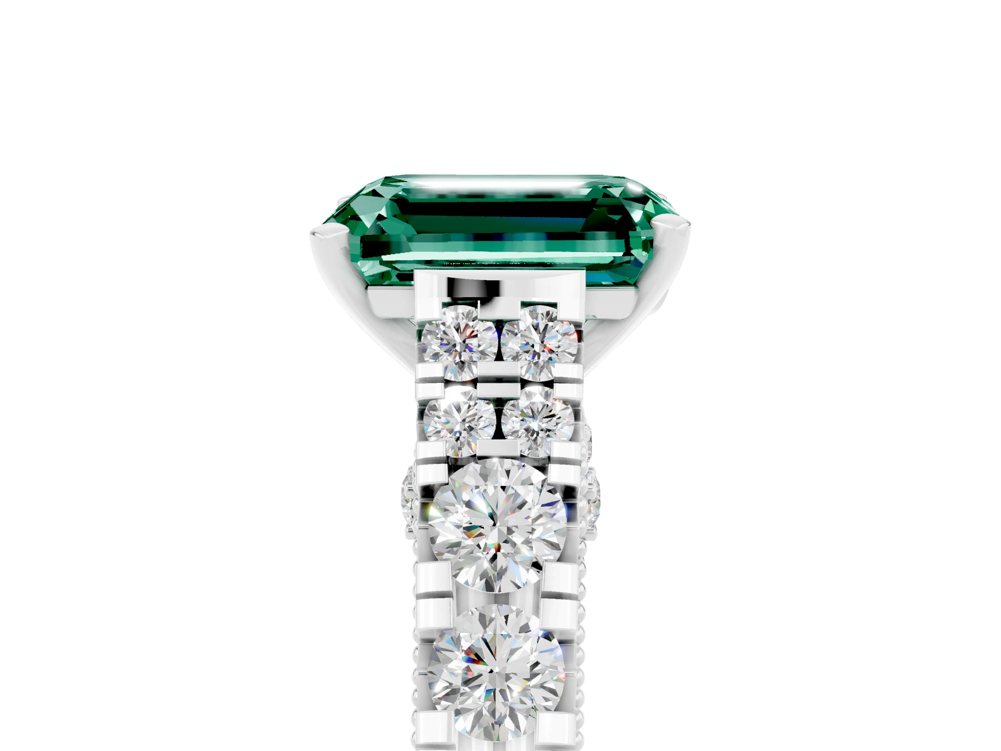 White gold Emerald Cut Green Sapphire Classic Solitaire Ring with Pavé Band and Four-Prong Setting_5